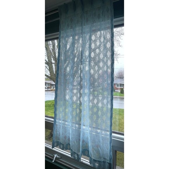 Vintage 80s pleated curtain, light blue mesh, net woven, single panel - Picture 3 of 10